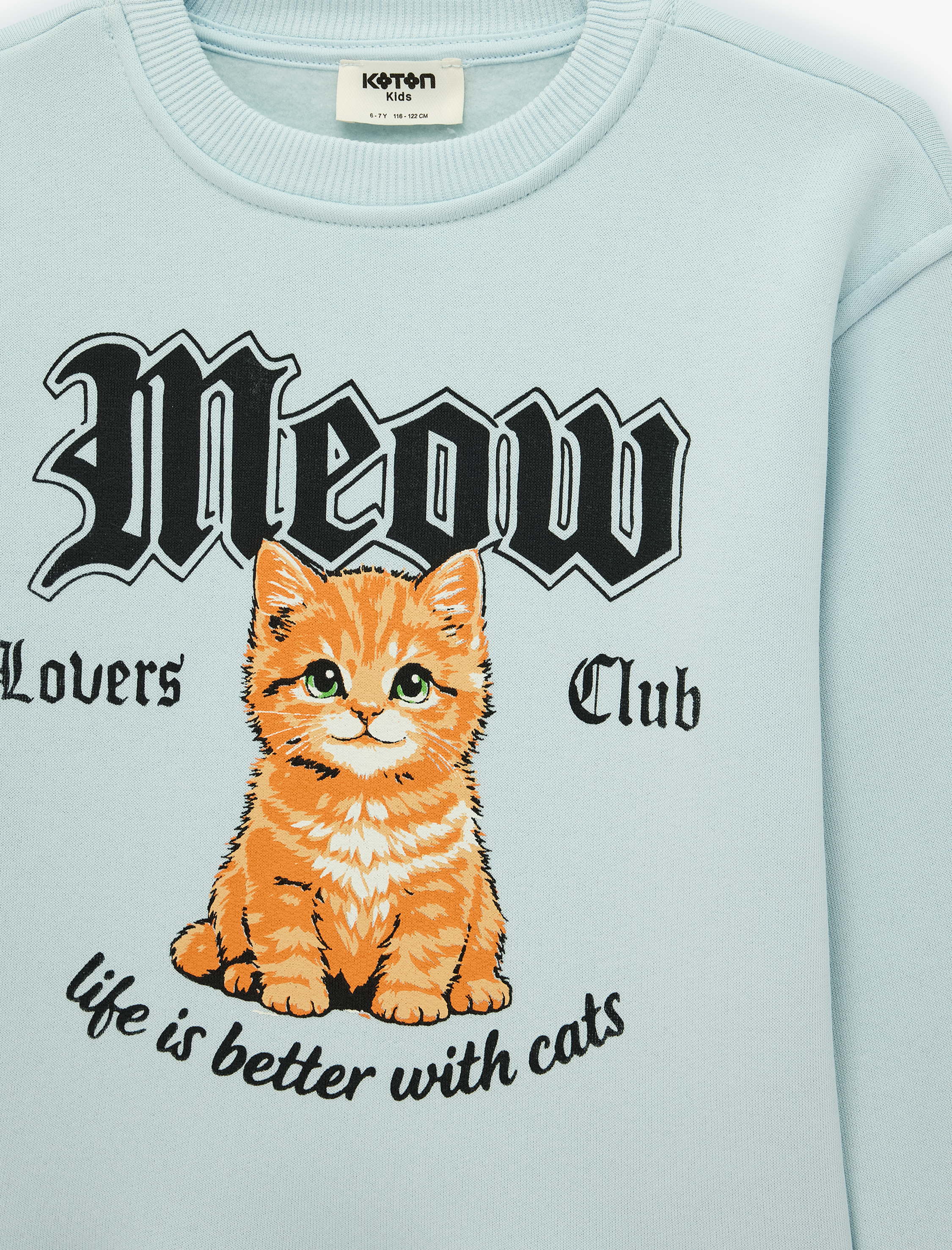  Kız Çocuk Kedi Baskılı Bisiklet Yaka Uzun Kollu Pamuklu Sweatshirt