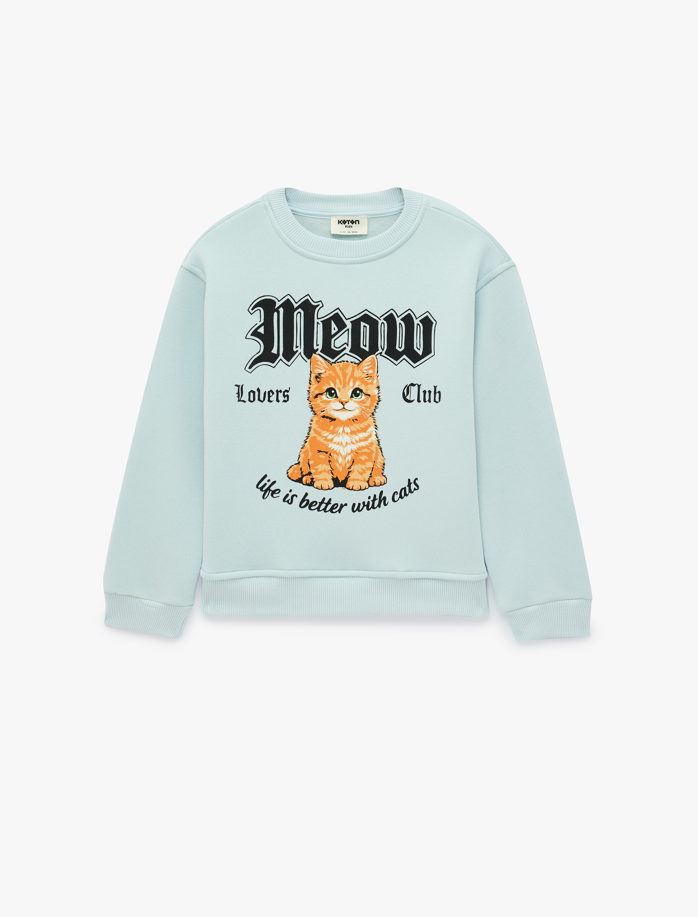  Kız Çocuk Kedi Baskılı Bisiklet Yaka Uzun Kollu Pamuklu Sweatshirt