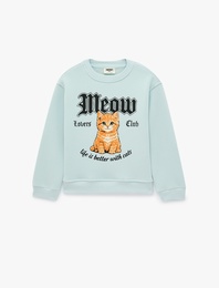 Kedi Baskılı Bisiklet Yaka Uzun Kollu Pamuklu Sweatshirt