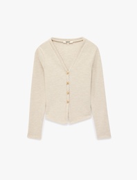 Uzun Kollu Slim Fit V Yaka Düğmeli Hırka