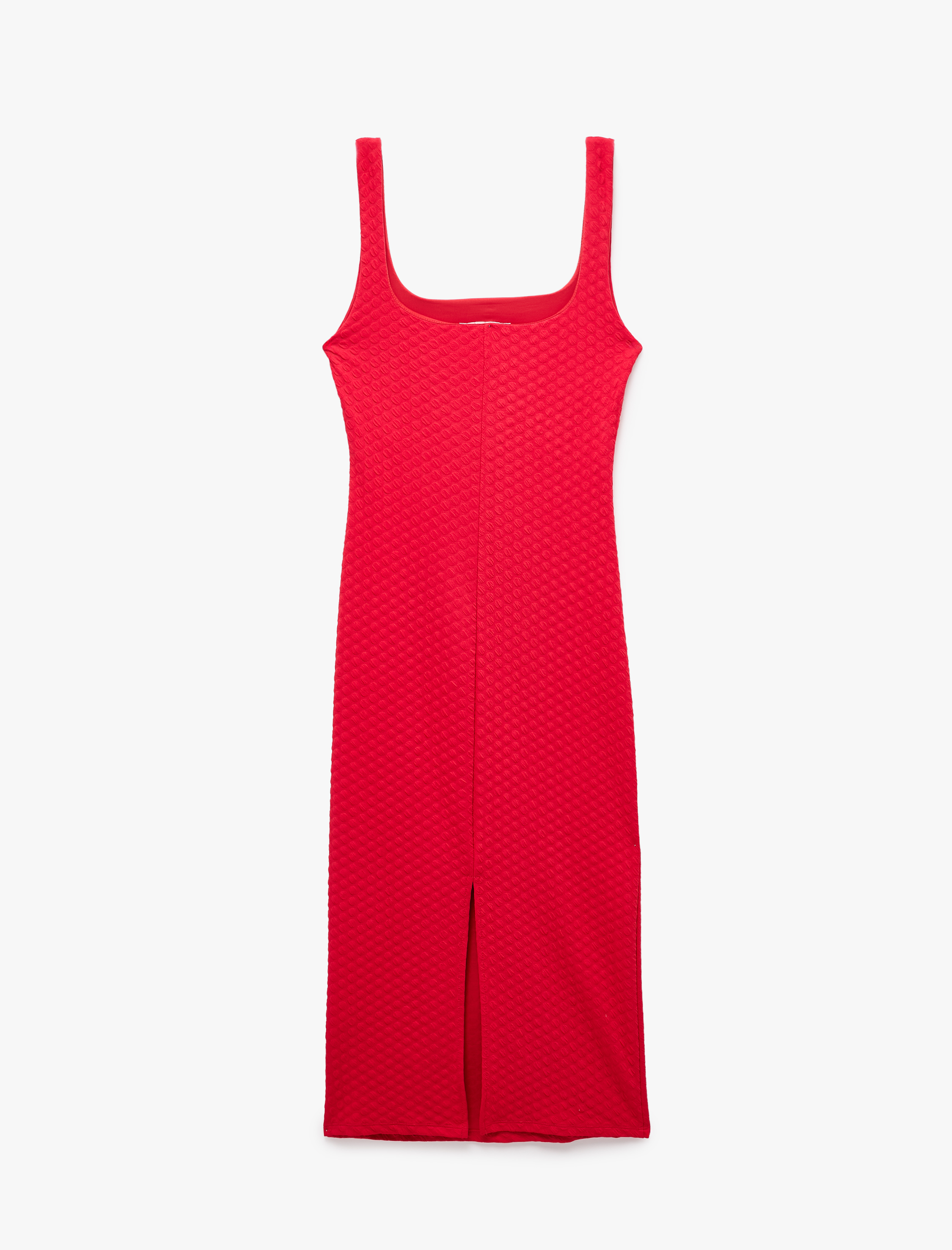   Dokulu Yırtmaçlı Slim Fit Kolsuz U Yaka Uzun Elbise