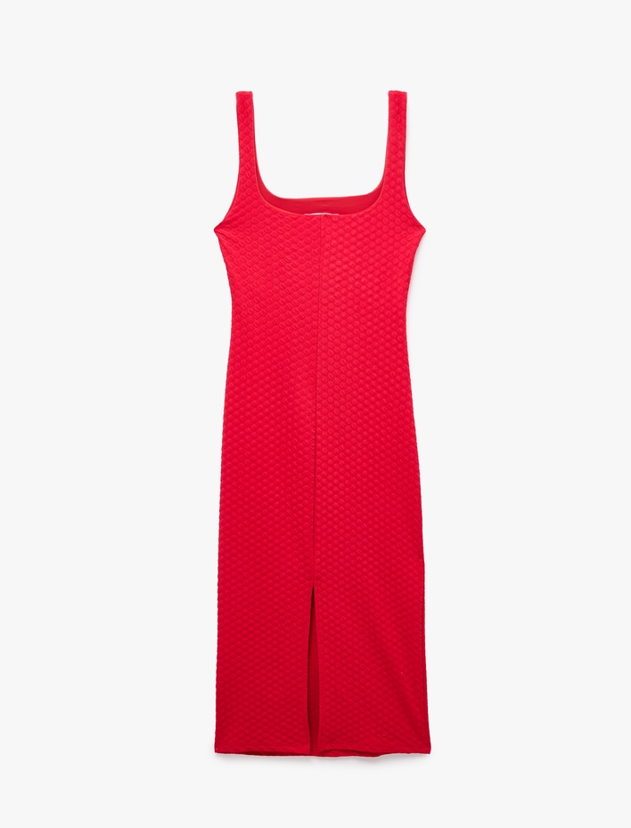  Dokulu Yırtmaçlı Slim Fit Kolsuz U Yaka Uzun Elbise