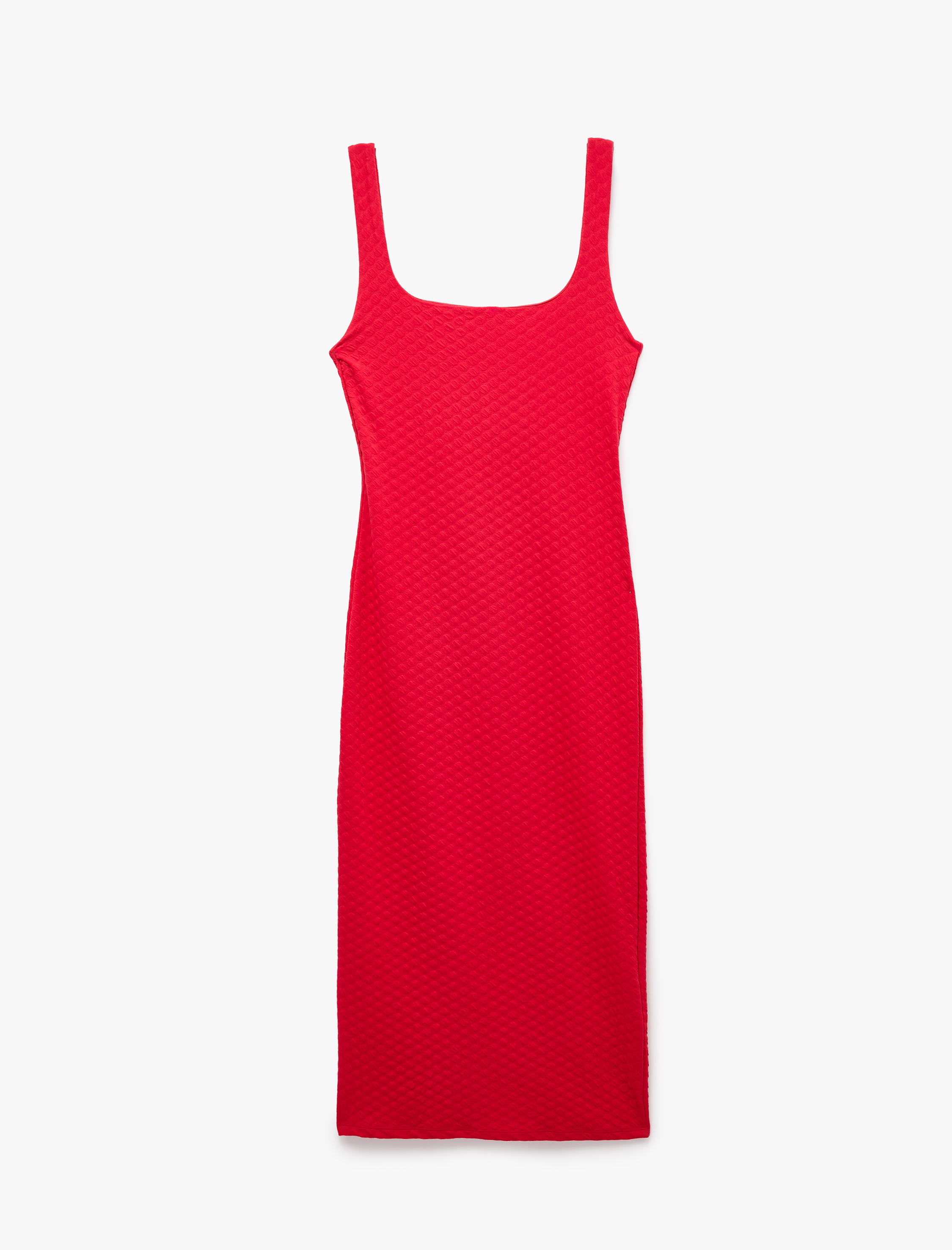   Dokulu Yırtmaçlı Slim Fit Kolsuz U Yaka Uzun Elbise