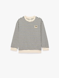 Pamuklu Bisiklet Yaka Uzun Kollu Çizgili Oversize Sweatshirt