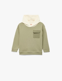 Kapaklı Cep Detaylı Pamuklu Bisiklet Yaka Uzun Kollu Kapşonlu Sweatshirt