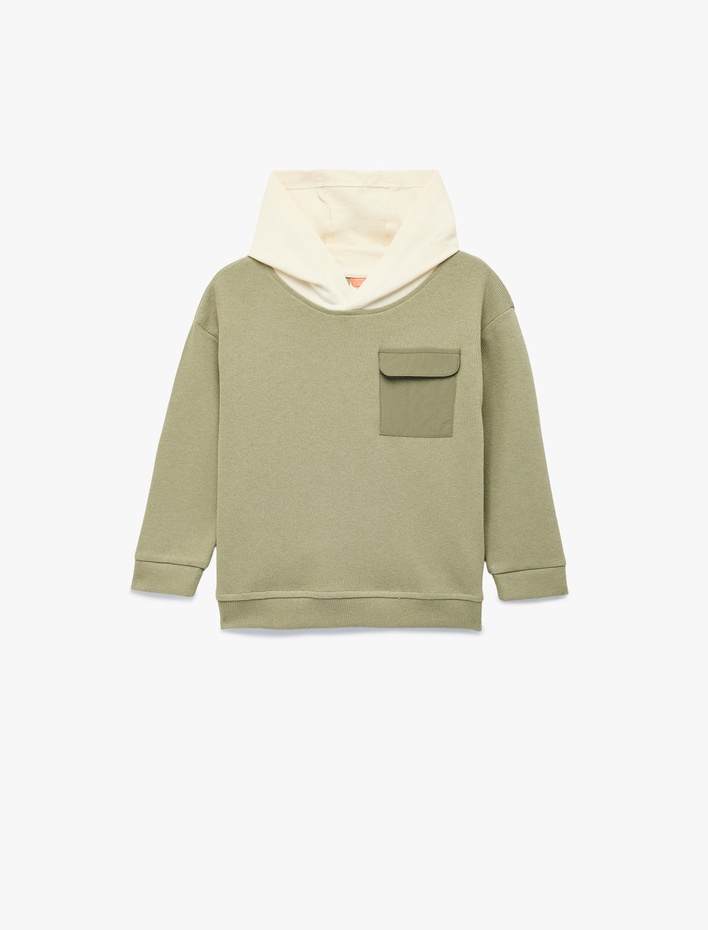 Erkek Bebek Kapaklı Cep Detaylı Pamuklu Bisiklet Yaka Uzun Kollu Kapşonlu Sweatshirt