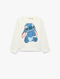 Stitch Baskılı Şardonlu Uzun Kollu Bisiklet Yaka Lisanslı Sweatshirt