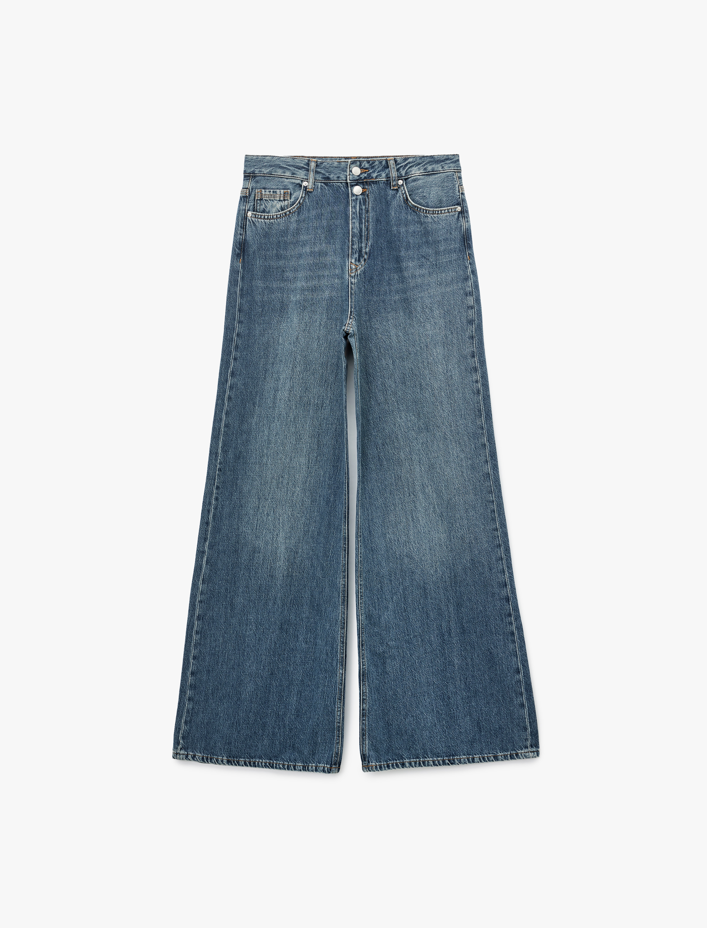   Düğmeli Normal Bel Beş Cepli Pamuklu İspanyol Paça Denim Pantolon - Flare Jeans