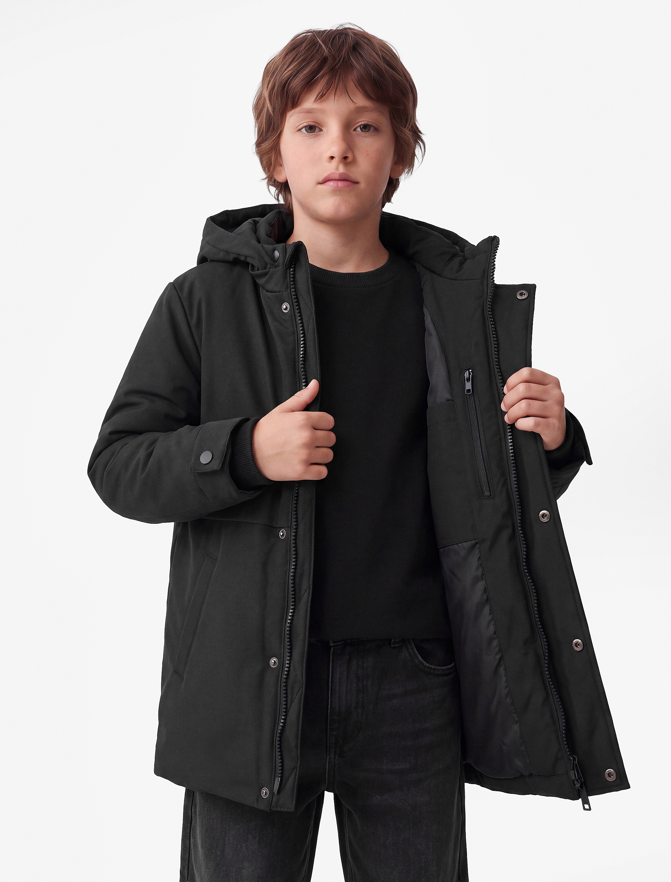  Erkek Çocuk Uzun Kollu Çıtçıtlı Cepli Slim Fit Kapşonlu Mont