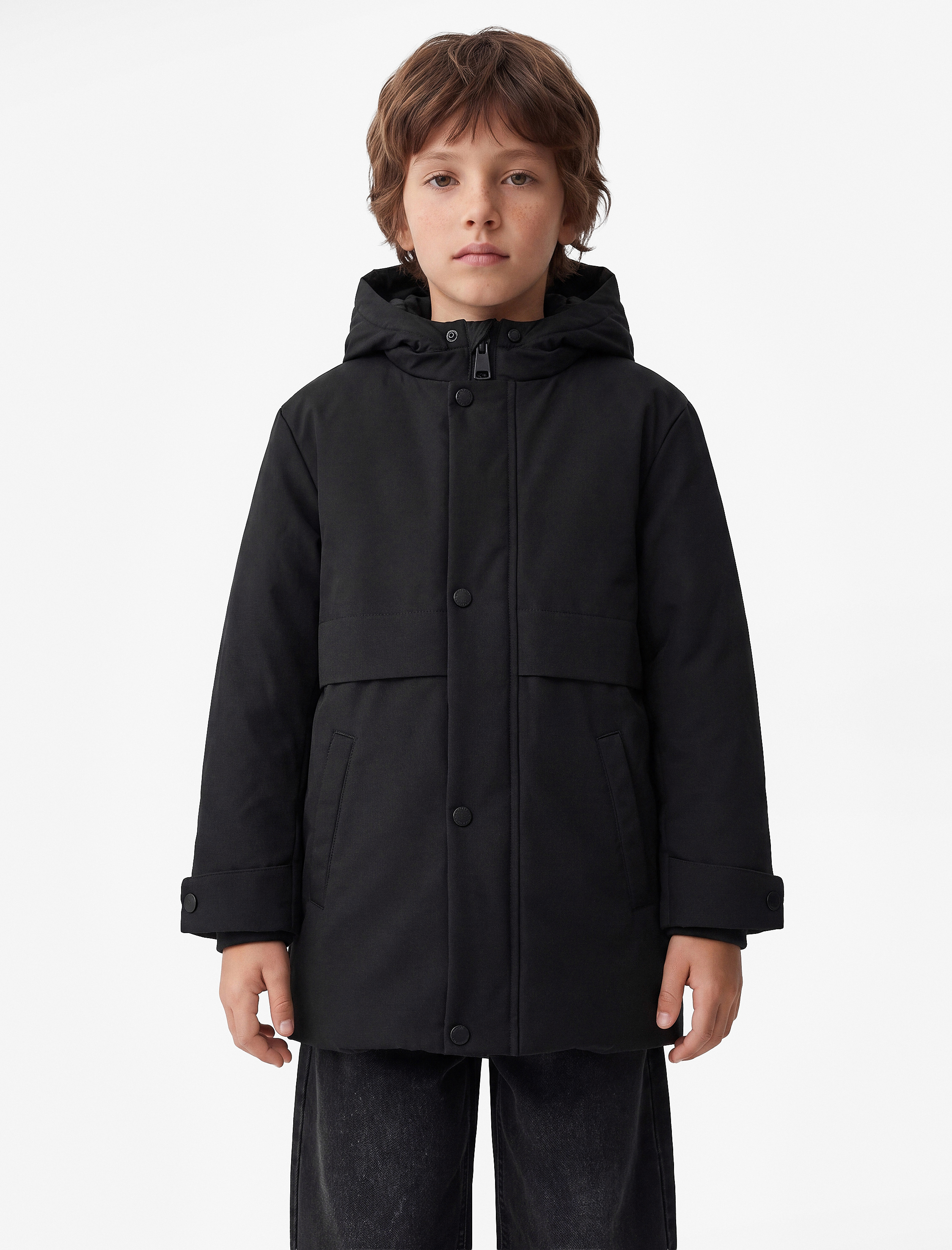  Erkek Çocuk Uzun Kollu Çıtçıtlı Cepli Slim Fit Kapşonlu Mont