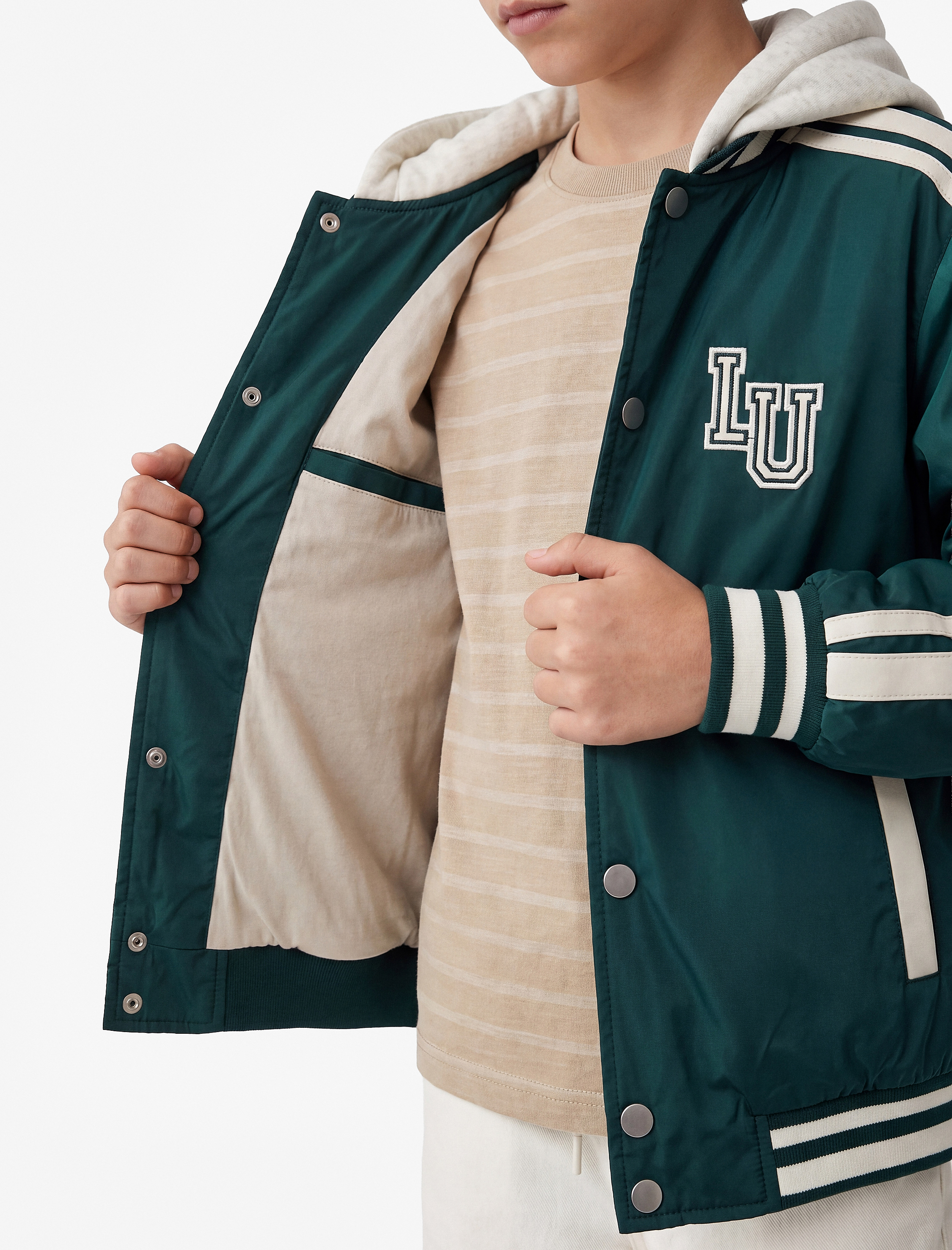  Erkek Çocuk Uzun Kollu Cepli Çıkarılabilir Kapüşonlu Oversize Kolej Ceket