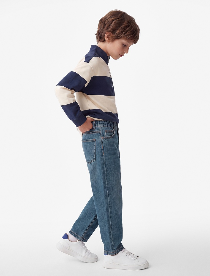 Erkek Çocuk Beli Ayarlanabilir Lastikli Pamuklu Cepli Denim Pantolon