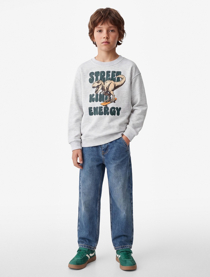 Erkek Çocuk Uzun Kollu Bisiklet Yaka Dinozor Baskılı Sweatshirt