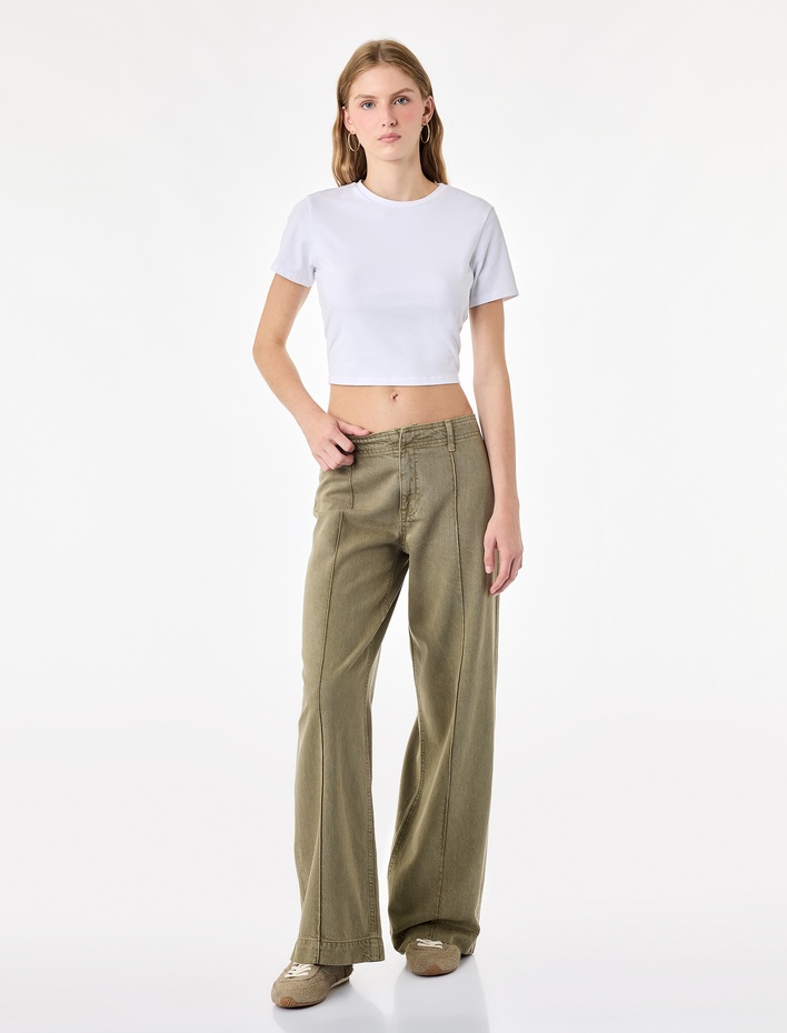  Standart Bel Regular Fit Düğmeli Nervürlü Düz Paça Pantolon - Culotte Jeans