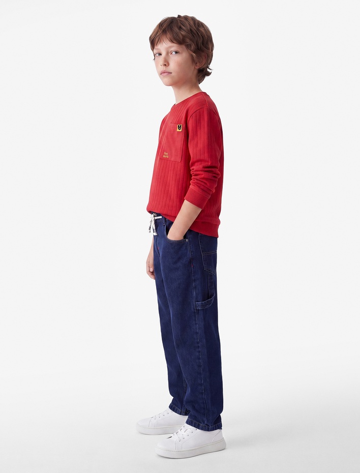 Erkek Çocuk Cep Detaylı Bol Kesim Pamuklu Carpenter Denim Okul Pantolonu