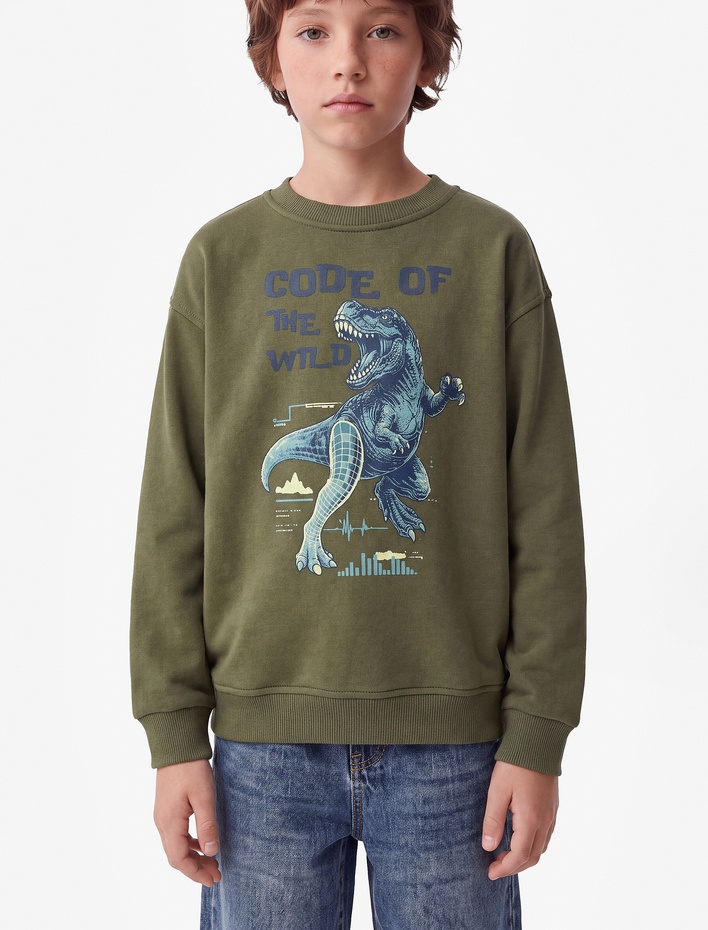 Erkek Çocuk Dinozor Baskılı Bisiklet Yaka Uzun Kollu Oversize Sweatshirt