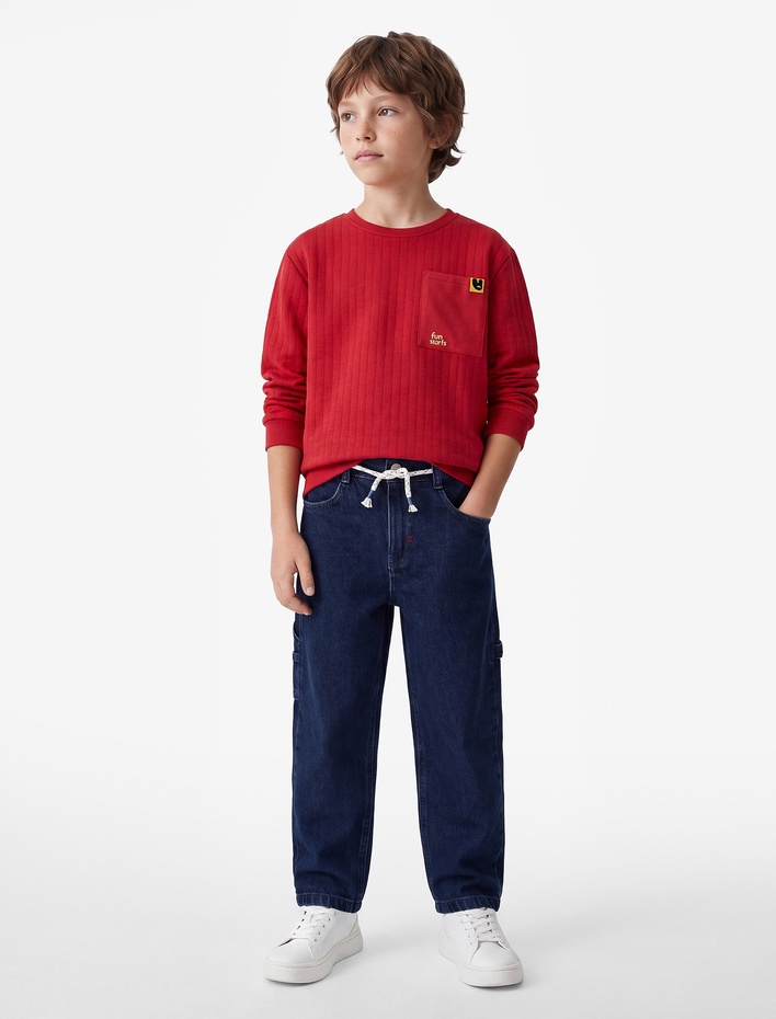 Erkek Çocuk Cep Detaylı Bol Kesim Pamuklu Carpenter Denim Okul Pantolonu