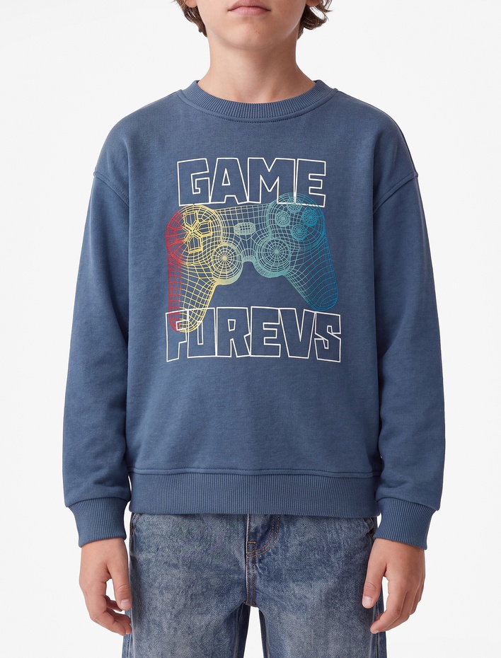 Erkek Çocuk Oyun Temalı Baskılı Uzun Kollu Bisiklet Yaka Oversize Sweatshirt