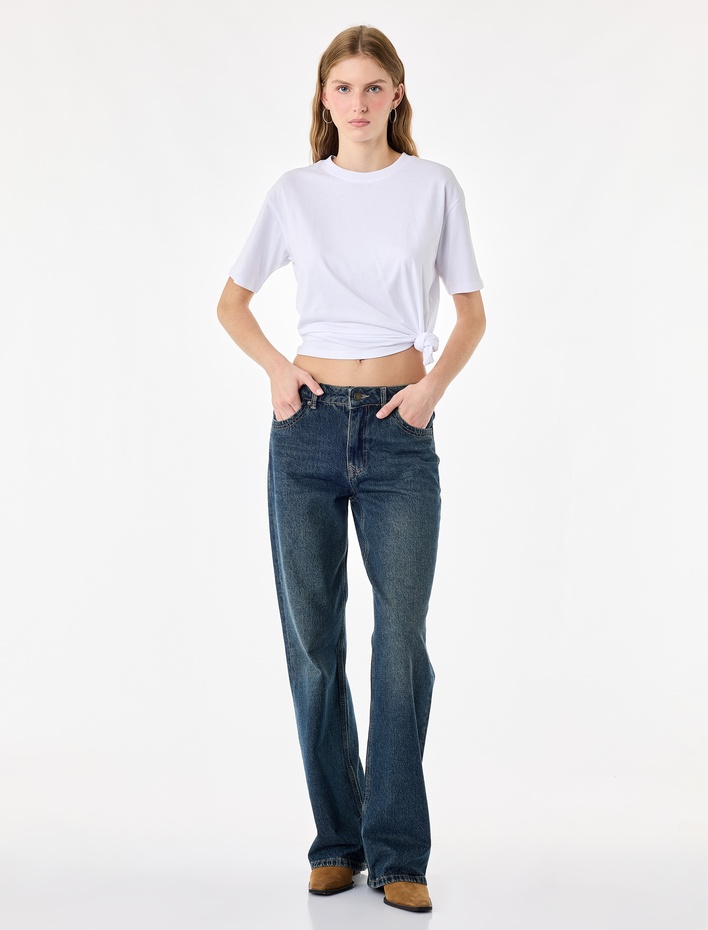  Normal Bel Cepli Pamuklu Düz Paça Denim Pantolon - Straight Fit Jean