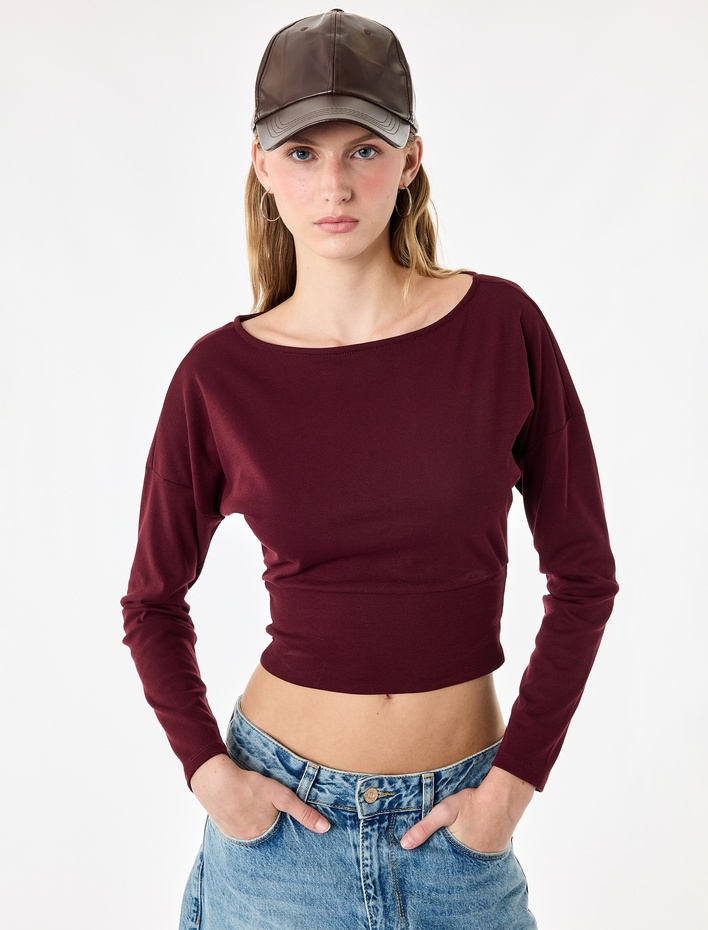  Regular Fit Kayık Yaka Büzgülü Uzun Kollu Bluz