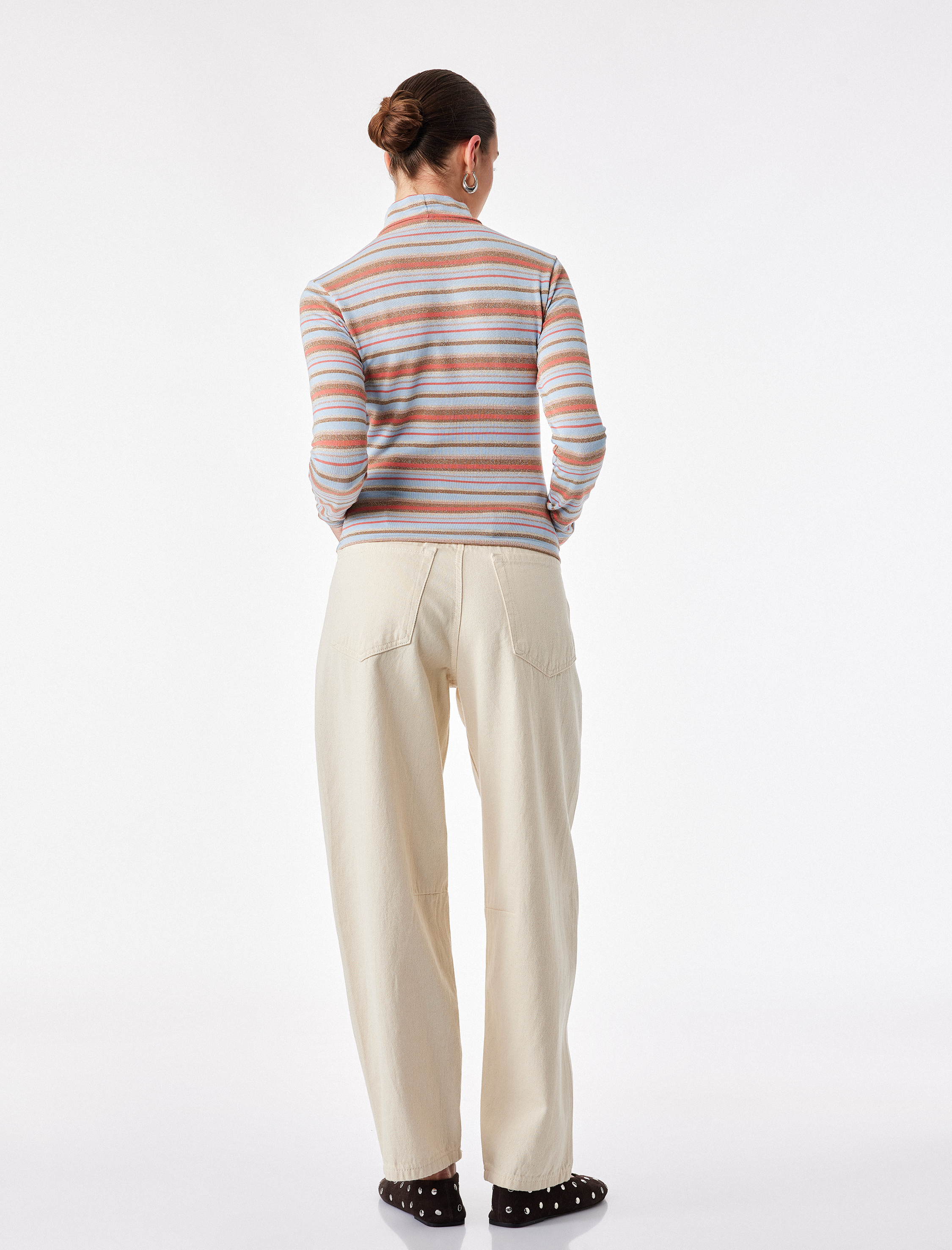   Slim Fit Viskon Parıltılı Çizgili Balıkçı Yaka Uzun Kollu Tişört