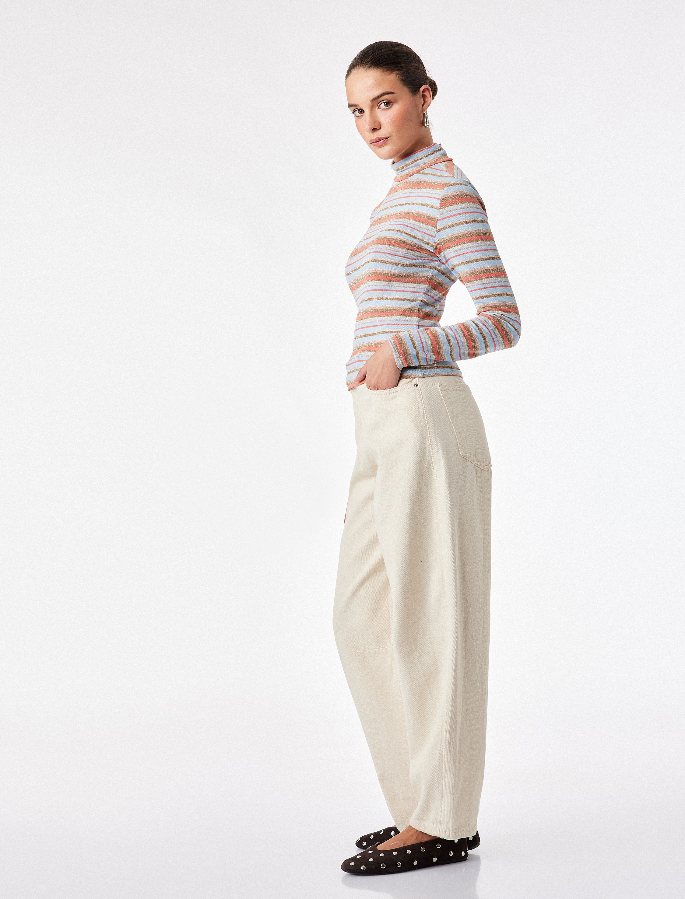  Slim Fit Viskon Parıltılı Çizgili Balıkçı Yaka Uzun Kollu Tişört