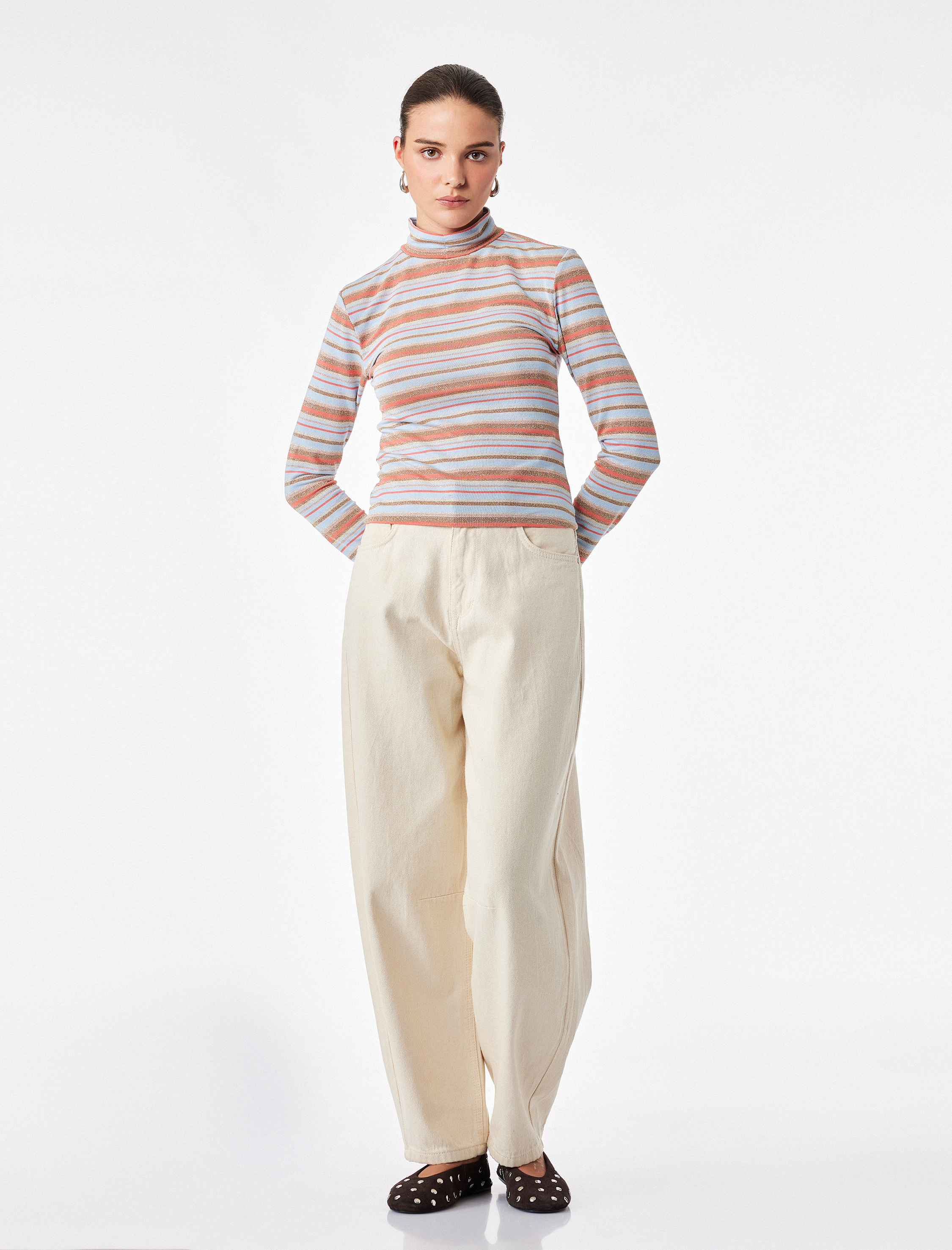   Slim Fit Viskon Parıltılı Çizgili Balıkçı Yaka Uzun Kollu Tişört