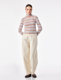 Slim Fit Viskon Parıltılı Çizgili Balıkçı Yaka Uzun Kollu Tişört