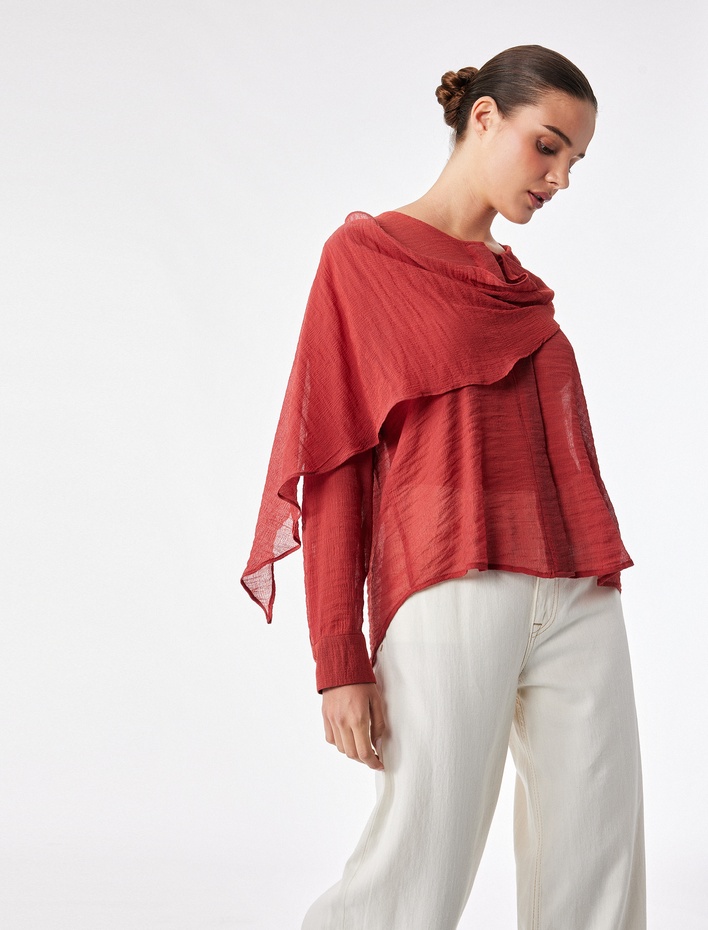  Uzun Kollu Şal Detaylı Yuvarlak Yaka Oversize Şifon Bluz