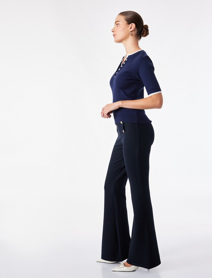  Regular Fit Kısa Kollu Katmanlı Henley Yaka Düğmeli Triko Kazak