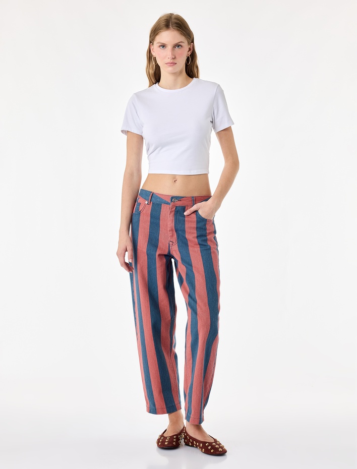 Normal Bel Regular Fit Pamuklu Düz Paça Çizgili Denim Pantolon - Tapered Jeans