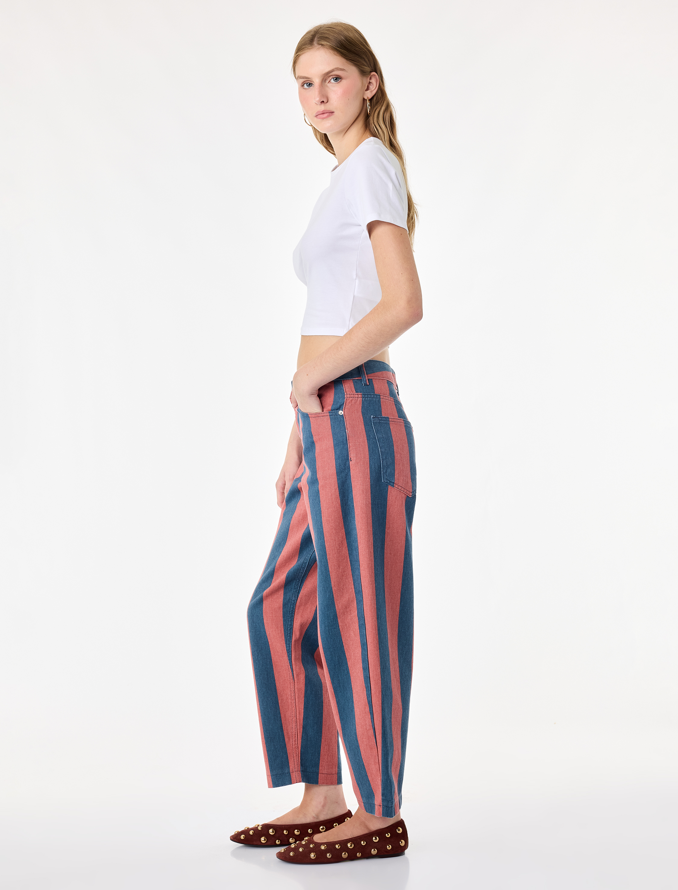   Normal Bel Pamuklu Düz Paça Tapered Fit Çizgili Denim Pantolon - Tapered Jeans