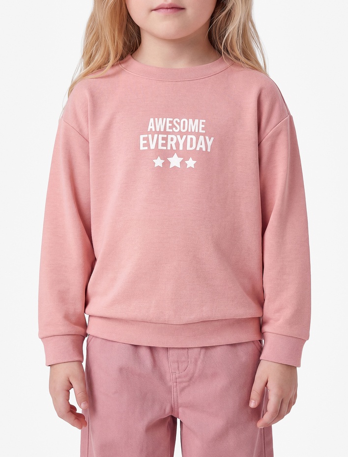 Kız Bebek Viskon Karışımlı Bisiklet Yaka Uzun Kollu Baskılı Sweatshirt