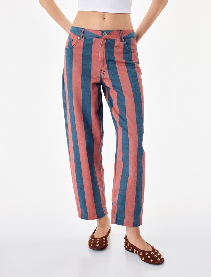  Normal Bel Regular Fit Pamuklu Düz Paça Çizgili Denim Pantolon - Tapered Jeans