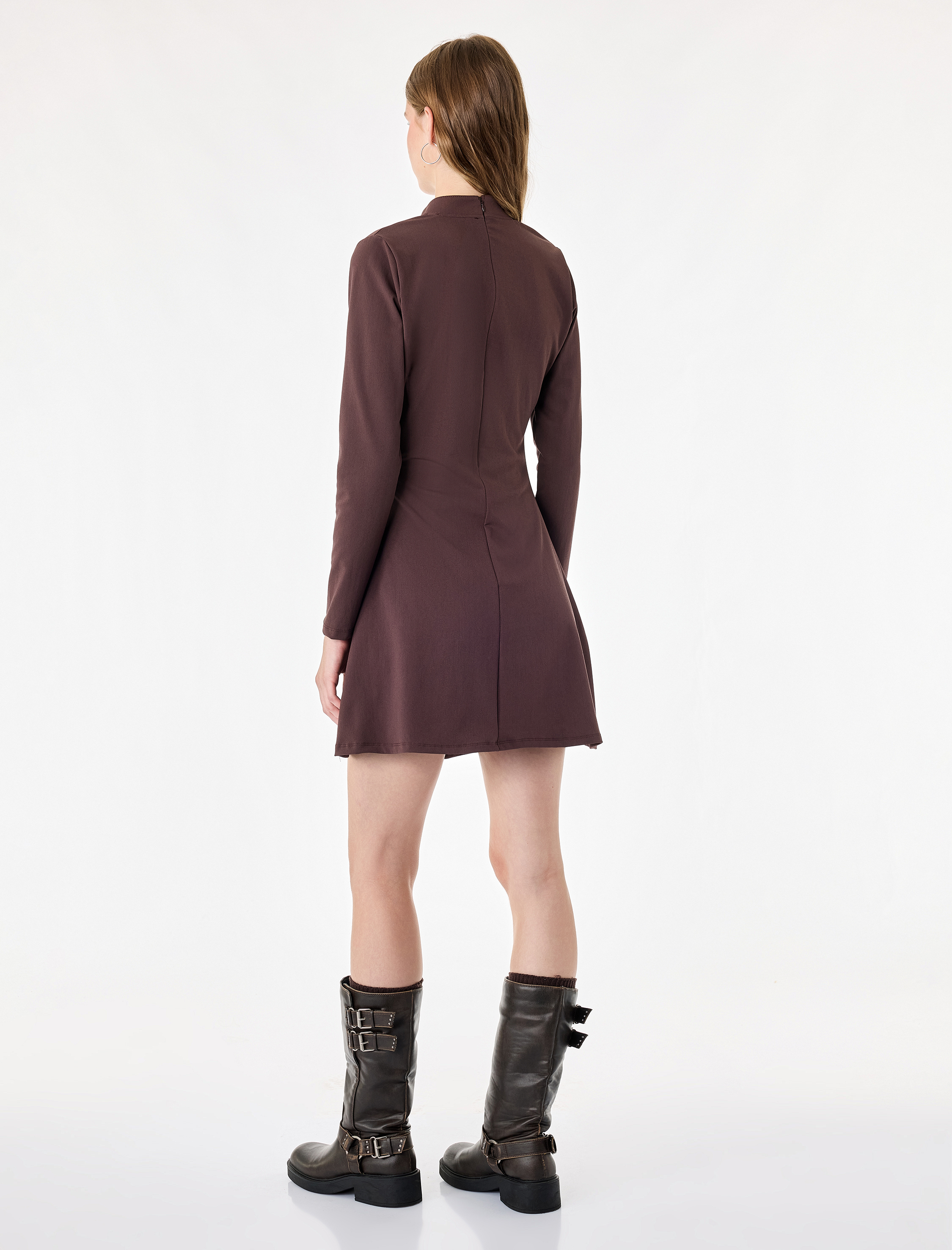   Pencere Detaylı A Kesim Qipao Yaka Fiyonklu Uzun Kollu Krep Mini Elbise