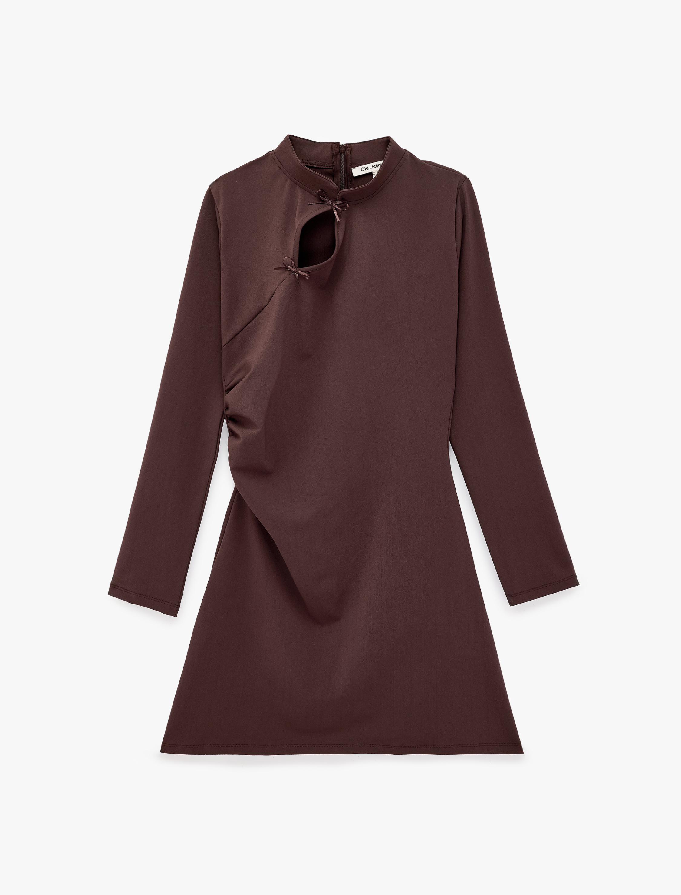   Pencere Detaylı A Kesim Qipao Yaka Fiyonklu Uzun Kollu Krep Mini Elbise