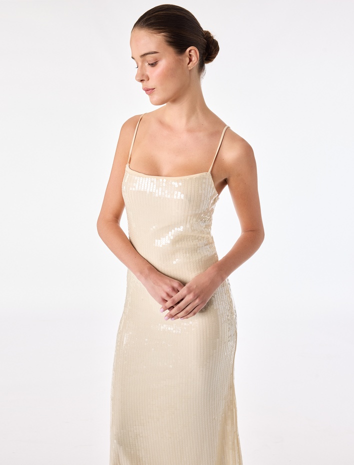  Slim Fit İp Askılı Pullu Payetli Uzun Bodycon Elbise