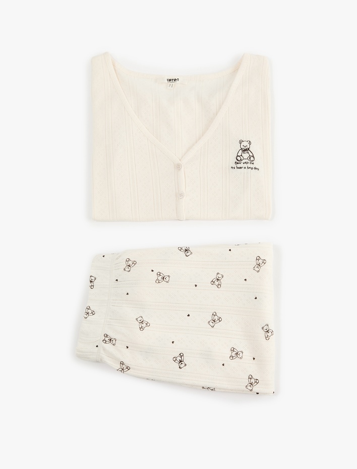  Ayıcık Baskılı Pamuklu Rahat Kalıp V Yaka Kısa Kollu Pijama Takımı