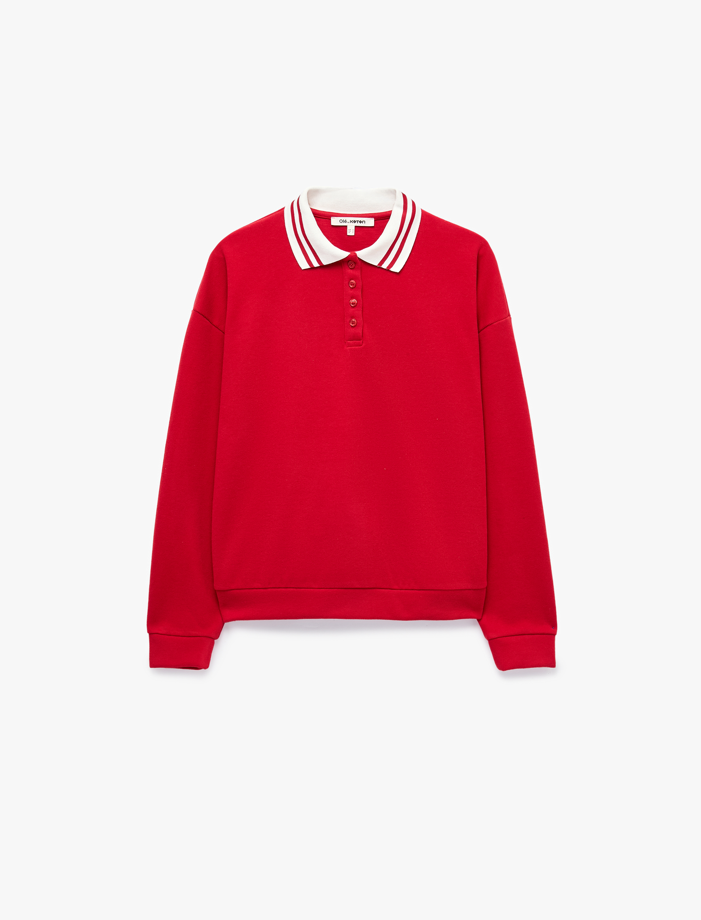   Rahat Kalıp Düğmeli Uzun Kollu Çizgili Polo Yaka Sweatshirt
