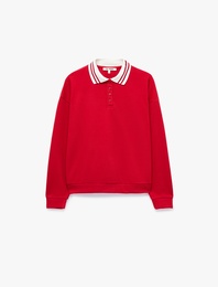 Rahat Kalıp Düğmeli Uzun Kollu Çizgili Polo Yaka Sweatshirt
