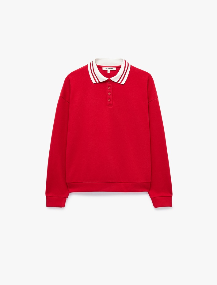  Rahat Kalıp Düğmeli Uzun Kollu Çizgili Polo Yaka Sweatshirt