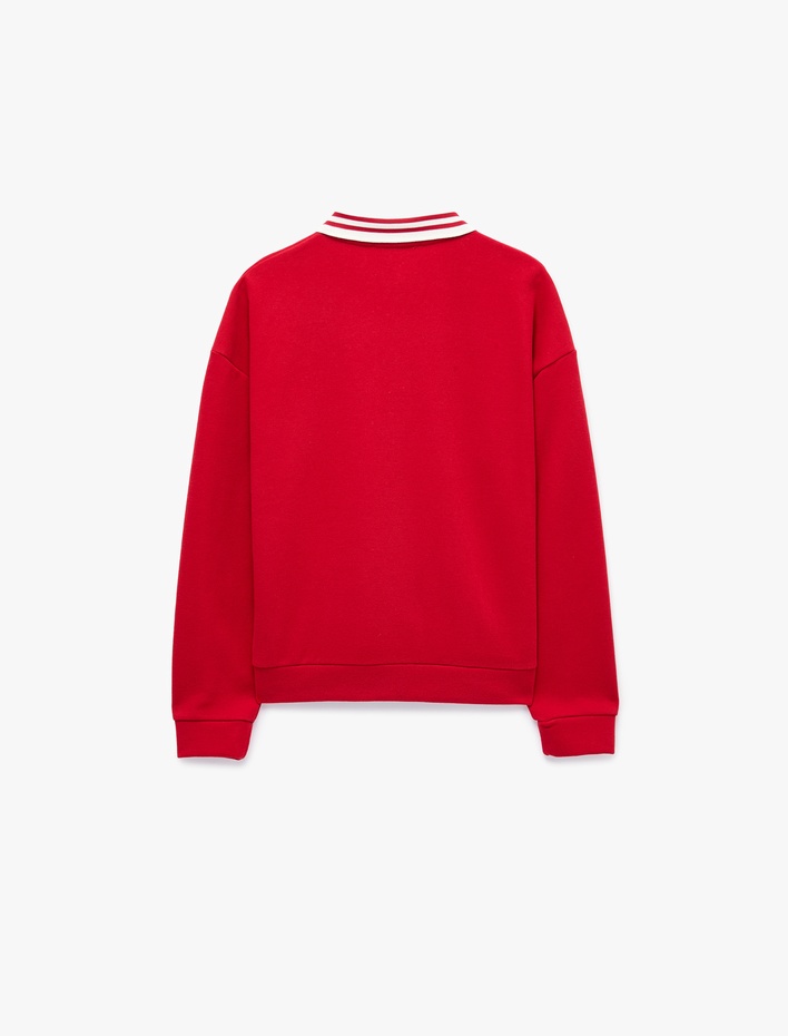  Rahat Kalıp Düğmeli Uzun Kollu Çizgili Polo Yaka Sweatshirt