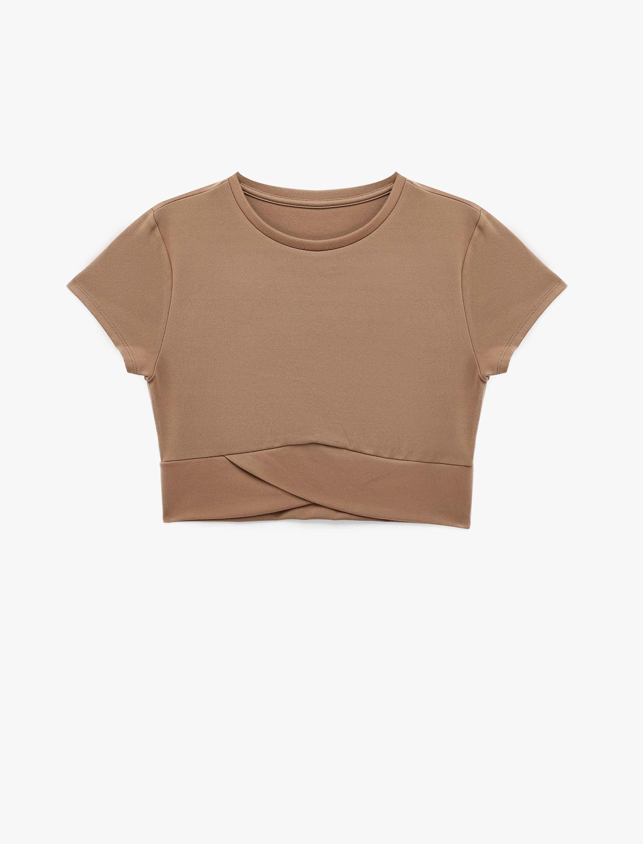  Asimetrik Kesim Slim Fit Bisiklet Yaka Kısa Kollu Spor Crop Tişört
