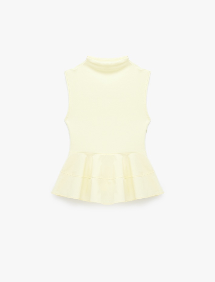  Pamuklu Slim Fit Kolsuz Dik Yaka Kaşkorse Peplum Bluz