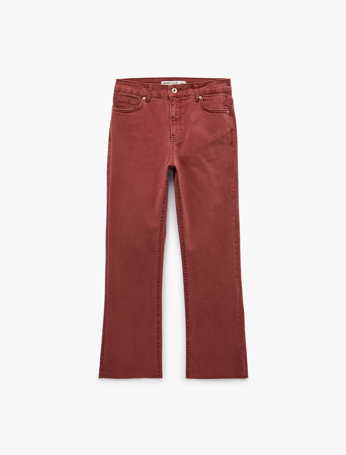  Pamuklu Dar Kalıp Düğmeli Cepli İspanyol Paça Crop Jean Pantolon -  Kick Flare Jeans
