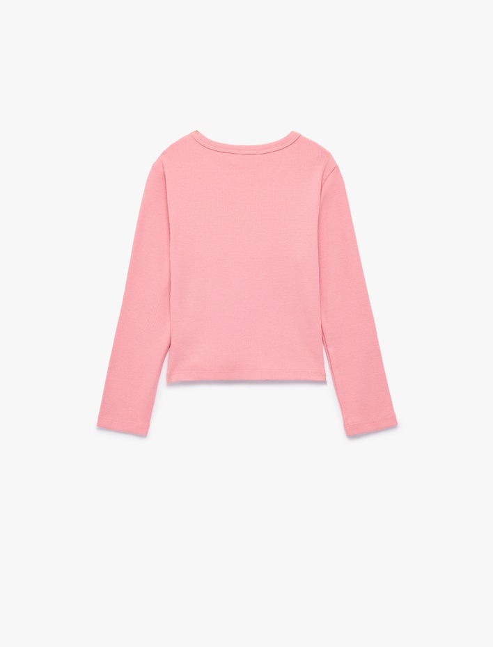 Kız Çocuk Kedi Nakışlı Slim Fit Pamuklu Kaşkorse Bisiklet Yaka Uzun Kollu Tişört