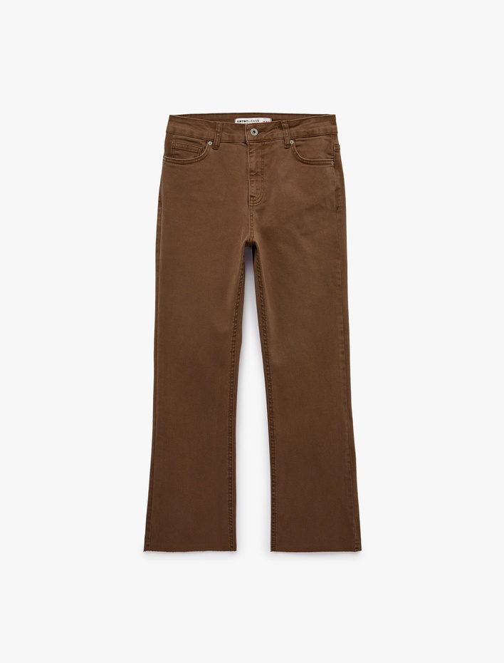  Pamuklu Dar Kalıp Düğmeli Cepli İspanyol Paça Crop Jean Pantolon -  Kick Flare Jeans