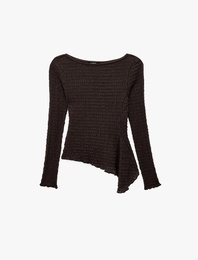 Slim Fit Bürümcük Kumaş Dokulu Bisiklet Yaka Uzun Kollu Asimetrik Tişört