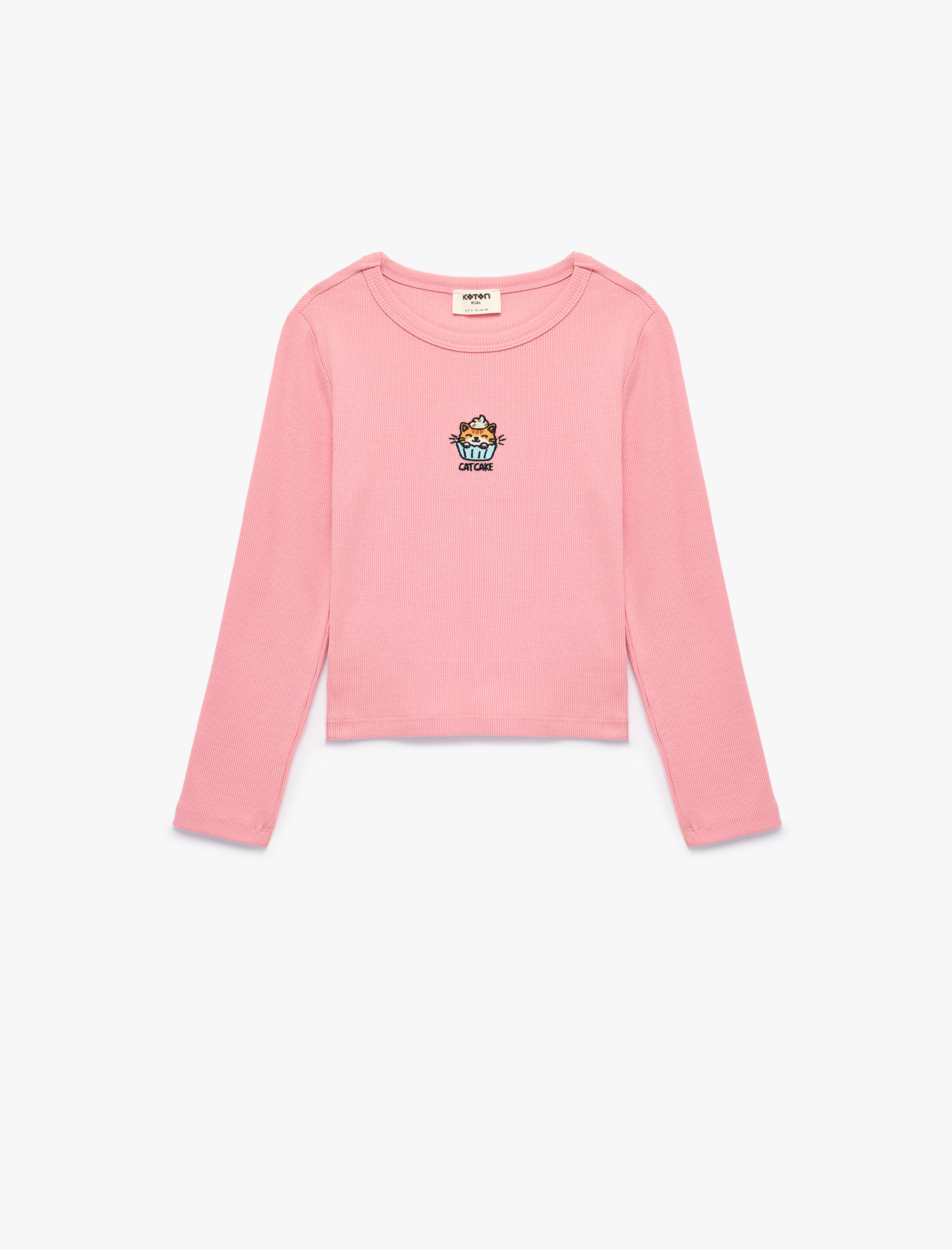  Kız Çocuk Kedi Nakışlı Slim Fit Pamuklu Kaşkorse Bisiklet Yaka Uzun Kollu Tişört