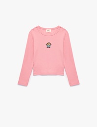 Kedi Nakışlı Slim Fit Pamuklu Kaşkorse Bisiklet Yaka Uzun Kollu Tişört
